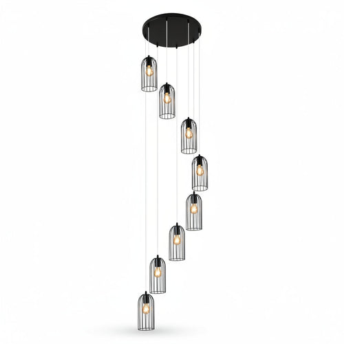 Spiral hanging chandelier with round black ceiling canopy and five wire cylinder cages