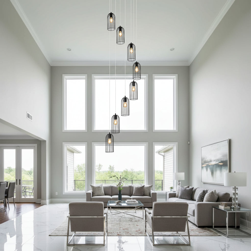 Industrial spiral cylinder chandelier with black frame and stacked wire cage glass shades