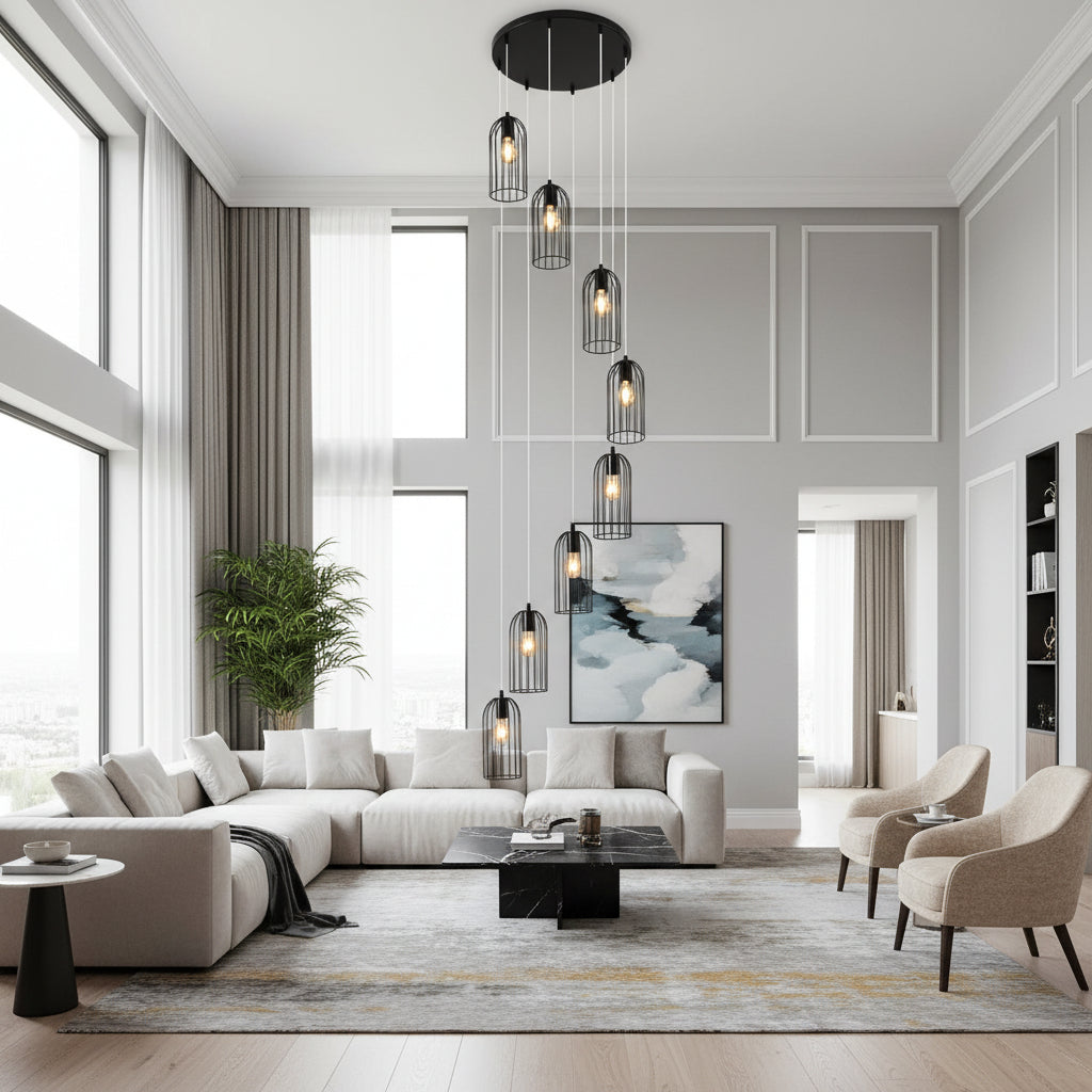 Black spiral cylinder hanging light with multiple wire cage glass shades and warm bulbs