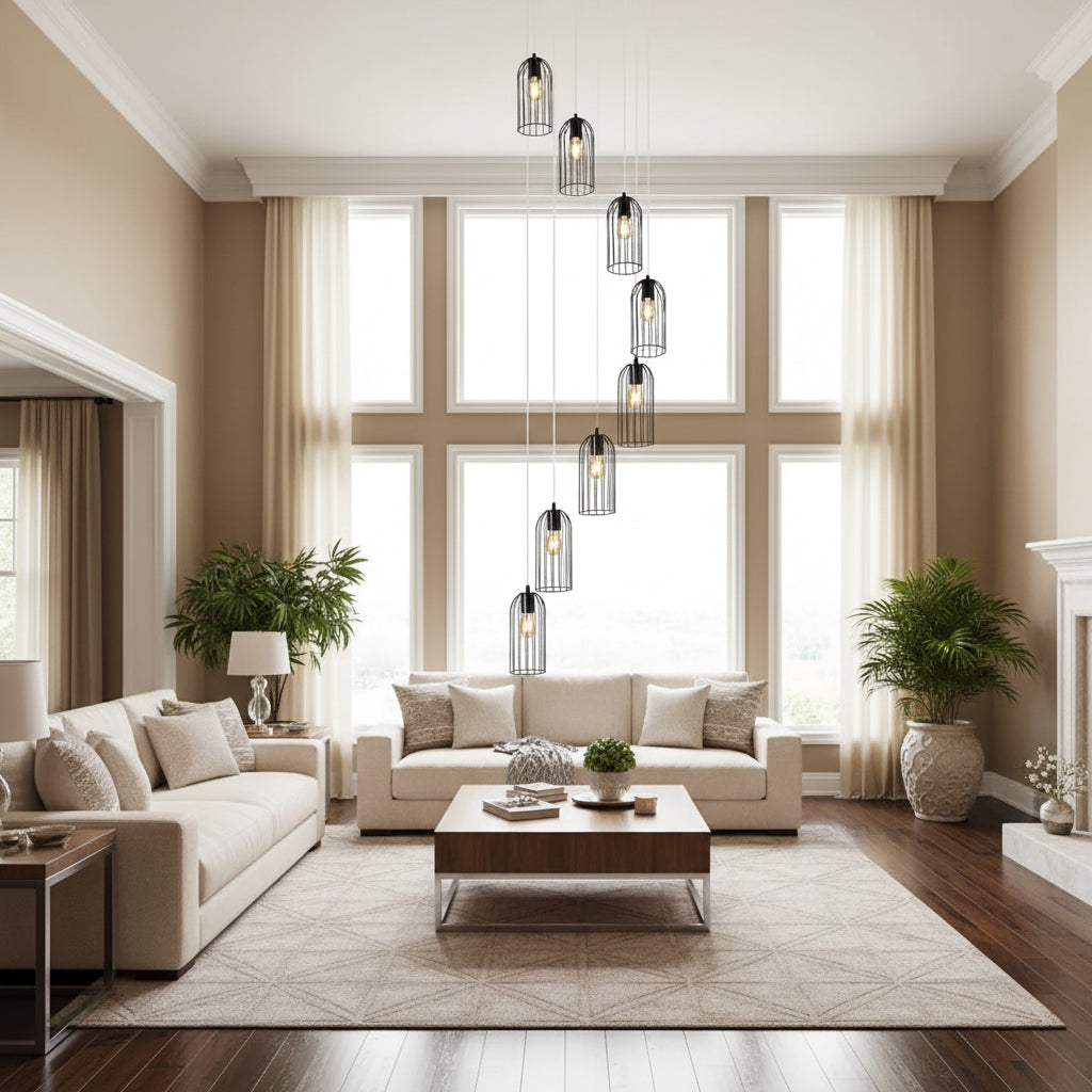Industrial spiral cylinder chandelier with black canopy and wire cage glass shades