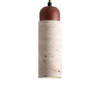 Travertine cylinder pendant light, speckled off-white shade with dark brown cap