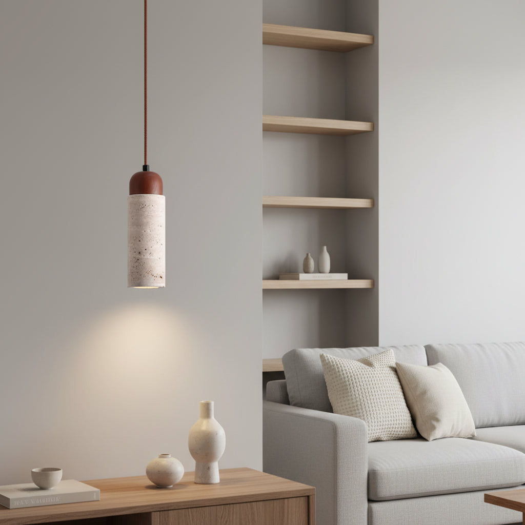 Travertine cylinder pendant light with dark brown top and speckled stone shade