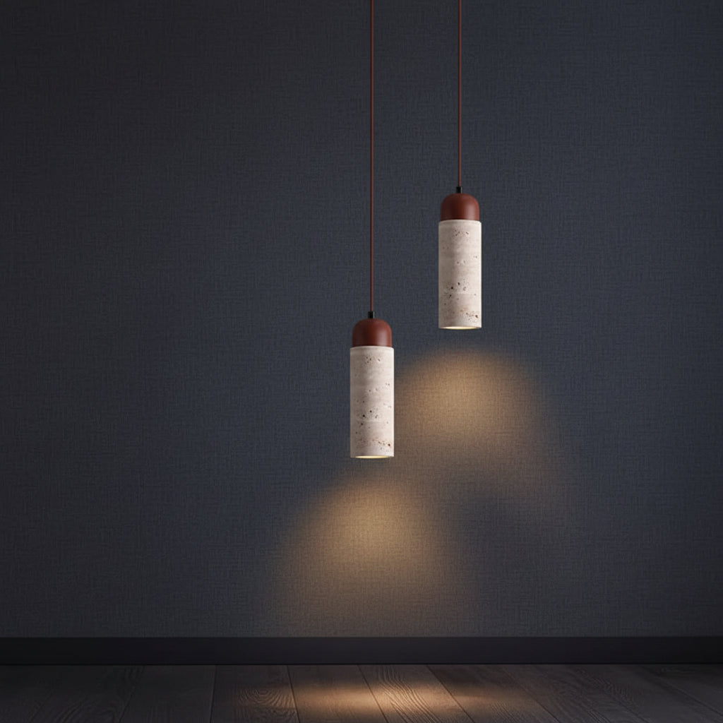 Pair of travertine cylinder pendant lights with speckled shades and dark brown caps