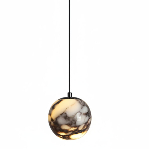 Marble glass orb pendant light with black cord and metal top