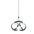Twisted ribbon pendant light with circular silver ring and black twisted loops