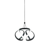 Twisted ribbon pendant light with circular silver ring and black twisted loops