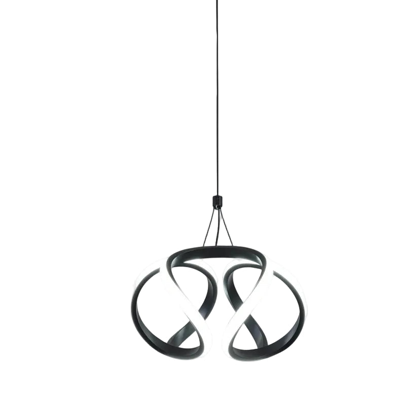Twisted ribbon pendant light with circular silver ring and black twisted loops