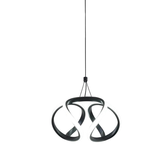Twisted ribbon pendant light with circular silver ring and black twisted loops
