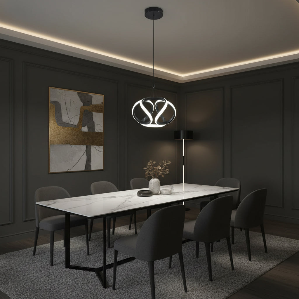 Twisted ribbon pendant light above dining table, silver ring with black inner loops