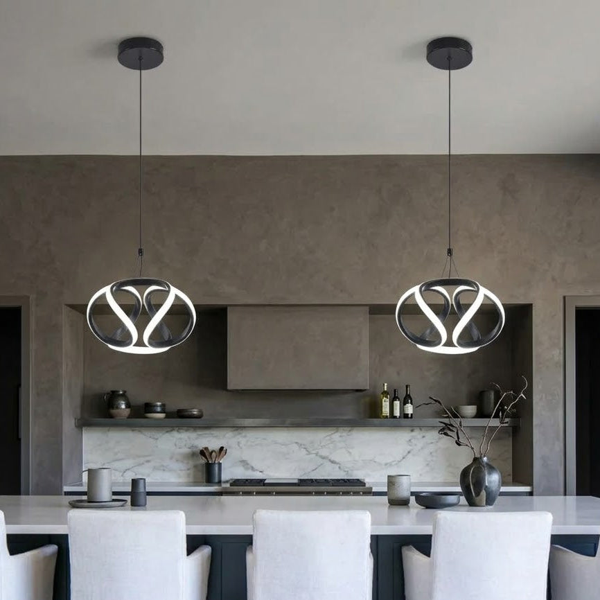 Twisted ribbon pendant light, silver-and-black ring design, hanging pair
