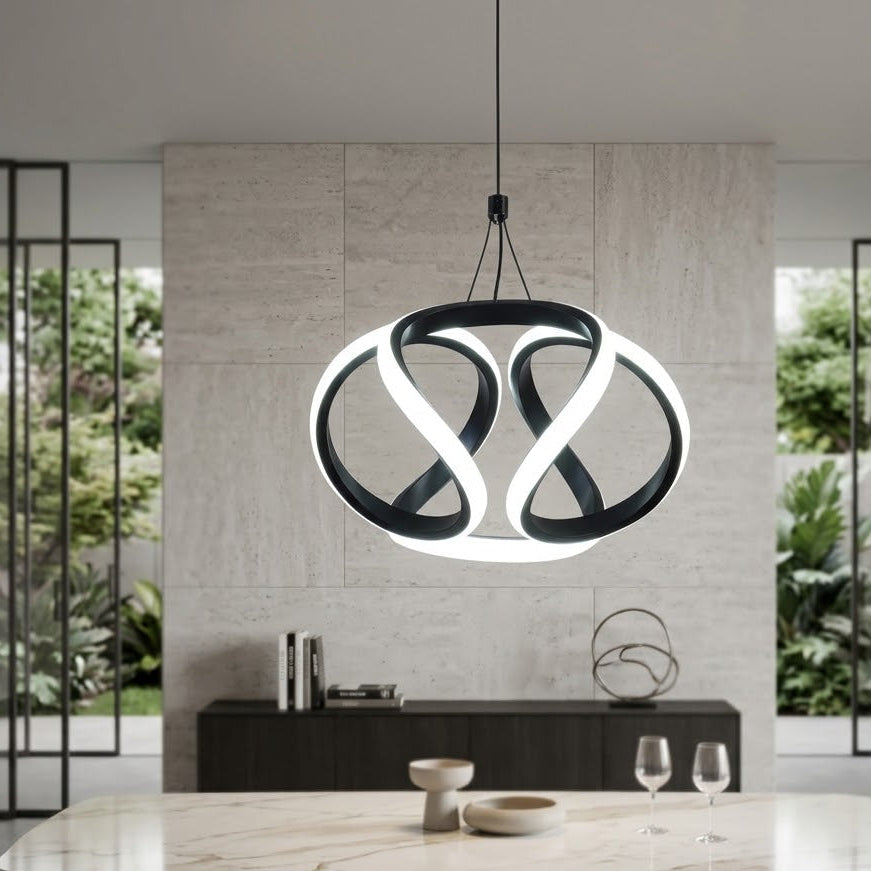 Twisted ribbon pendant light close-up, circular silver frame with black ribbon center