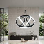 Twisted ribbon pendant light close-up, circular silver frame with black ribbon center