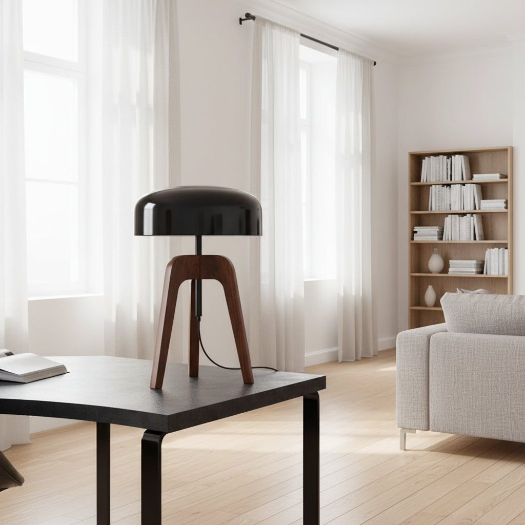 Tripod table lamp with black dome shade and walnut tripod legs