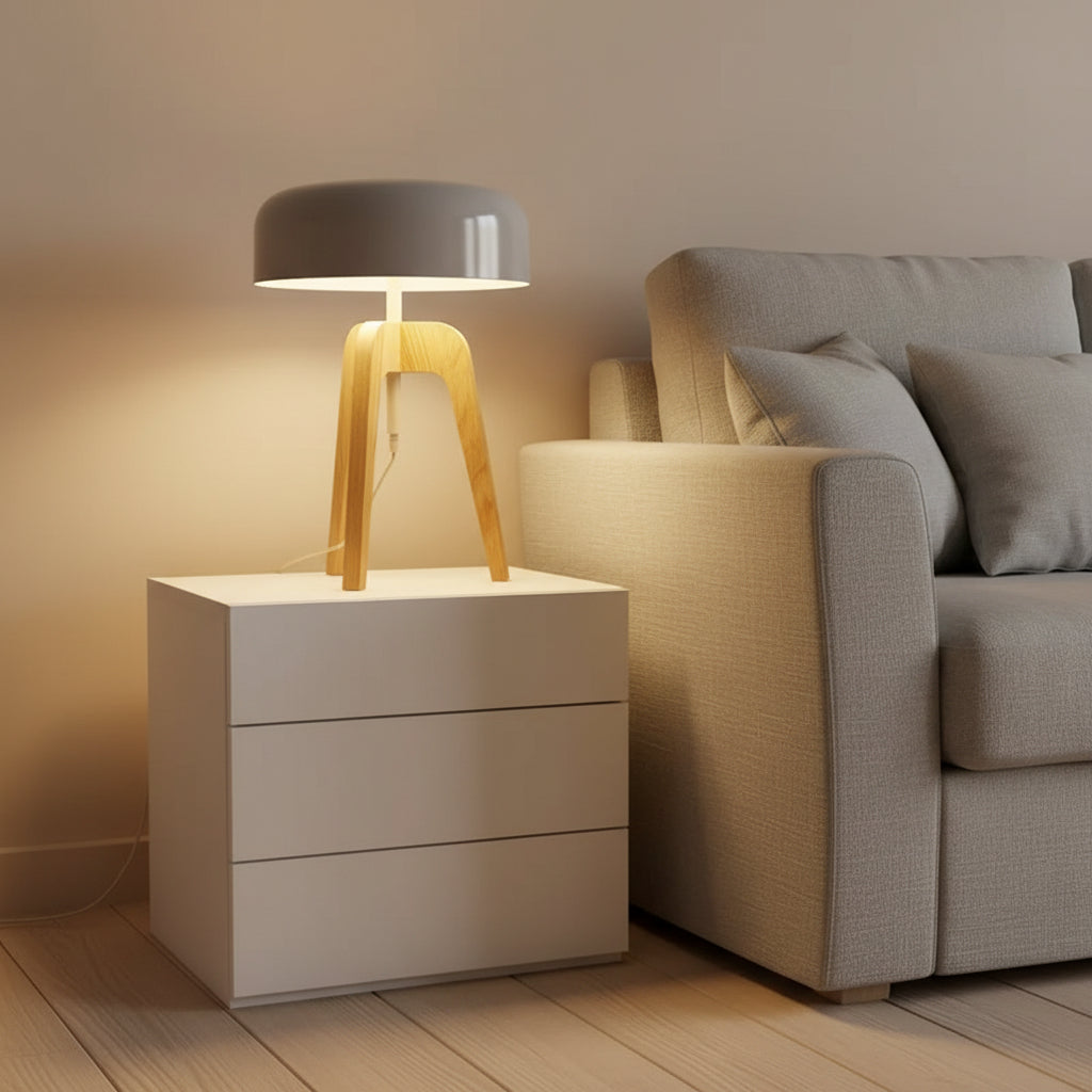 Tripod table lamp with dark dome shade and light wood tripod legs