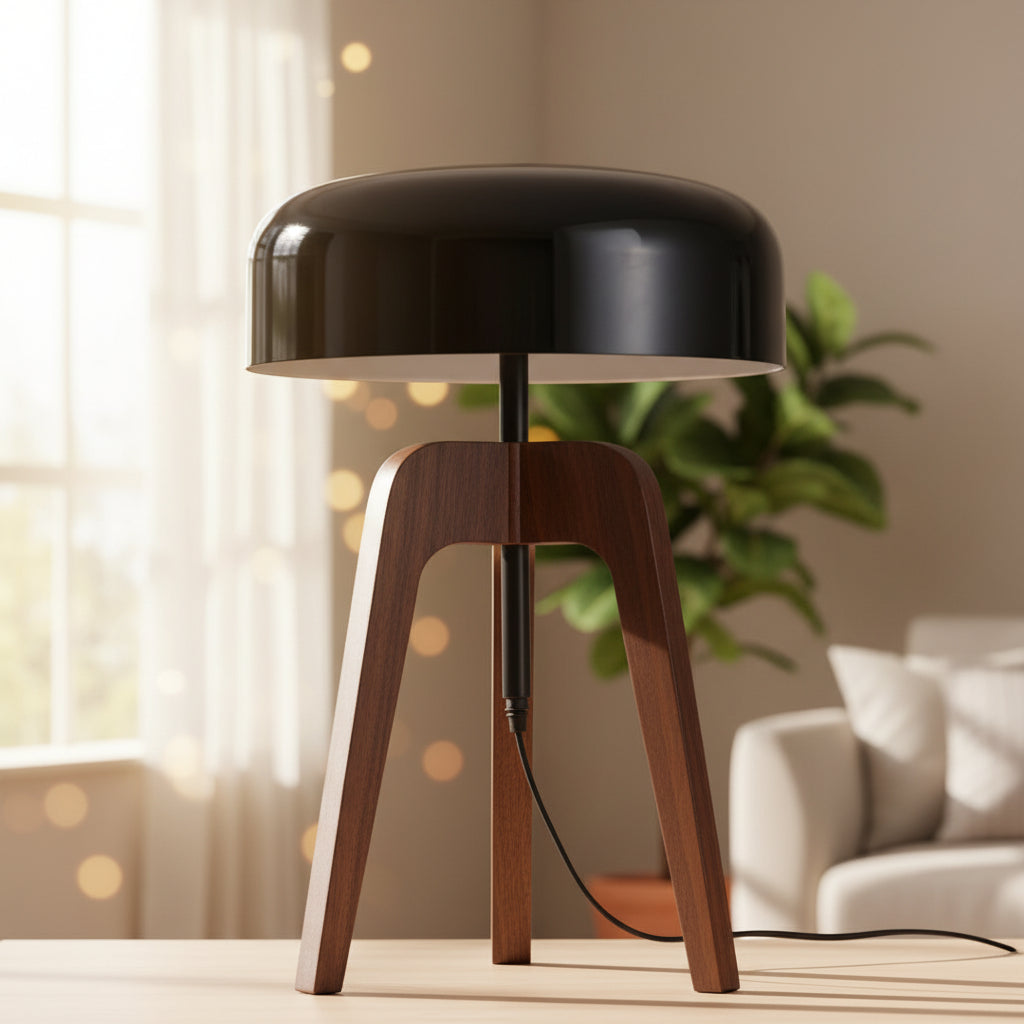Tripod table lamp with black dome shade and walnut tripod base
