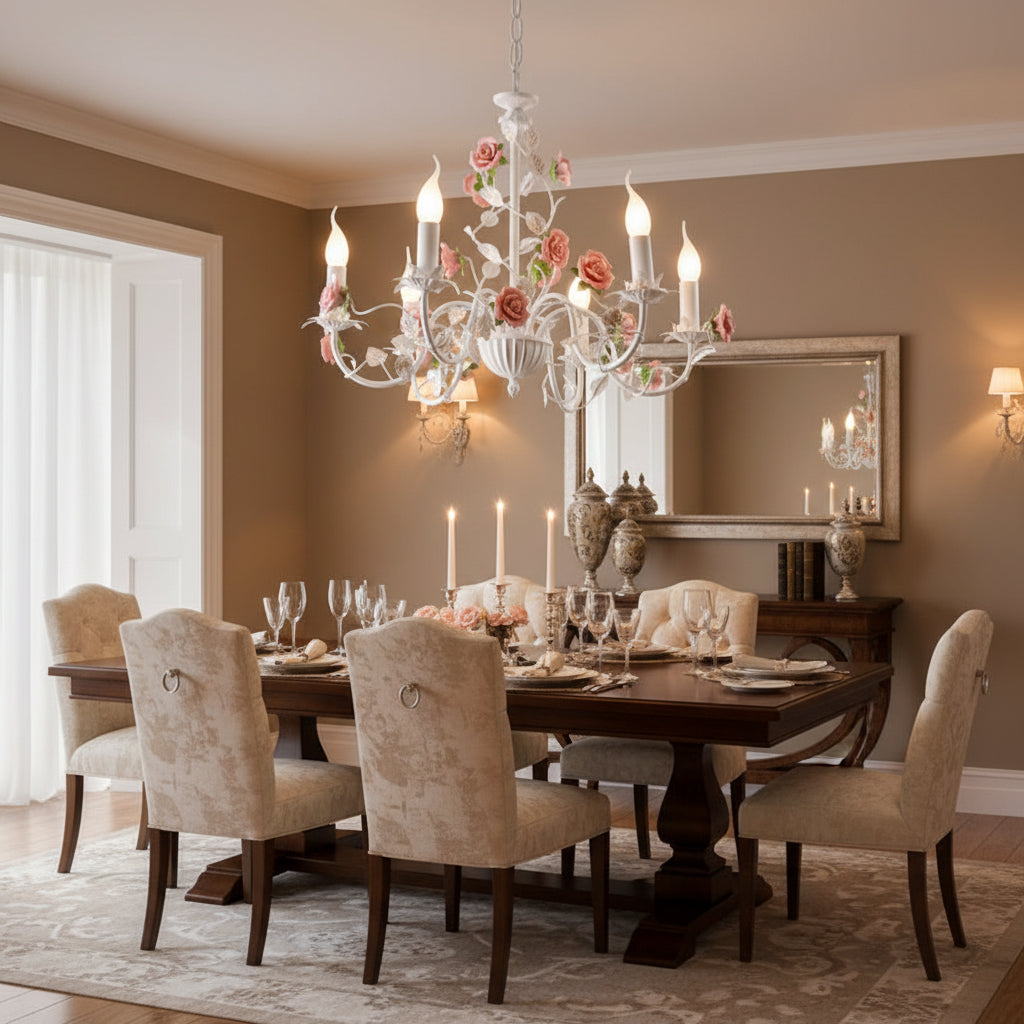 Floral arm chandelier over dining table with white arms, pink roses, and lit candle bulbs