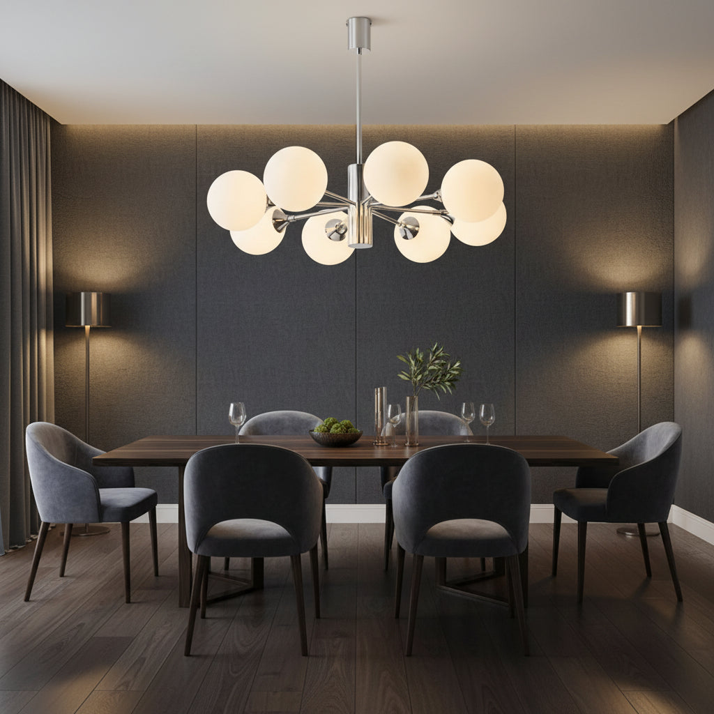 Chrome multi-arm globe chandelier with frosted glass shades and central mounting
