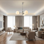 Multi-arm globe chandelier with chrome stem and frosted glass globe shades