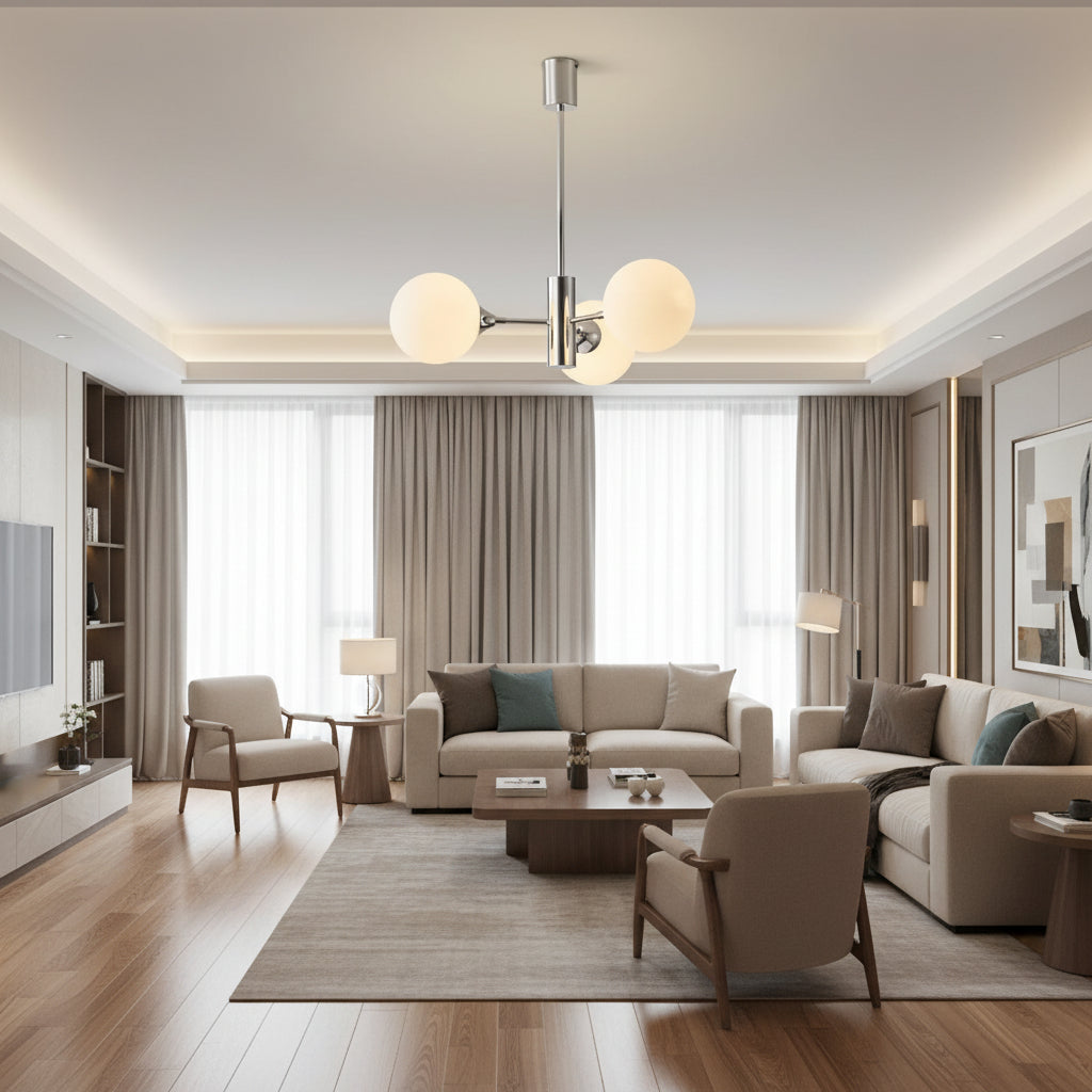 Multi-arm globe chandelier with chrome stem and frosted glass globe shades