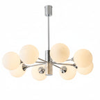 Chrome multi-arm globe chandelier with frosted glass shades and round ceiling canopy