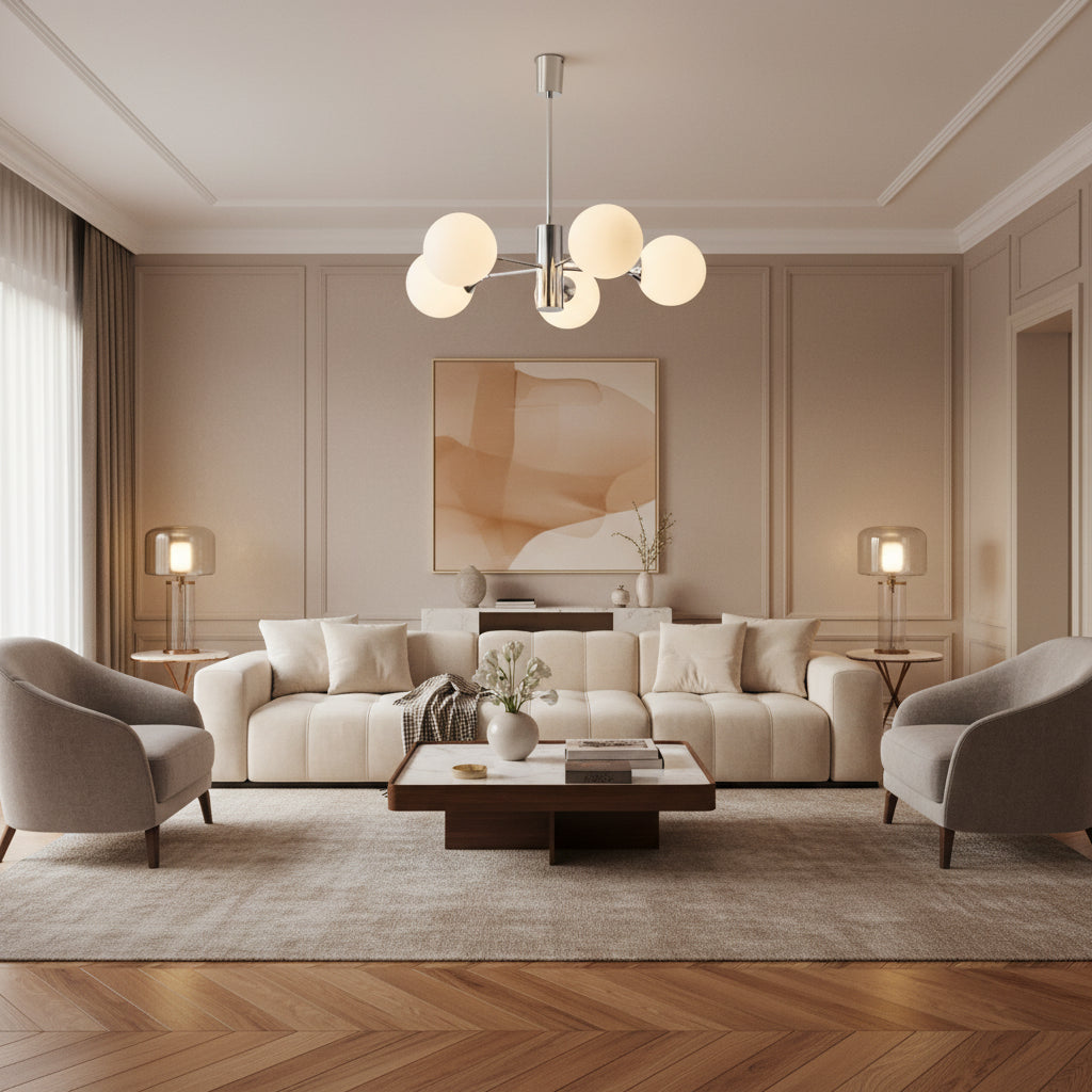 Multi-arm globe chandelier with chrome finish and frosted glass globe shades