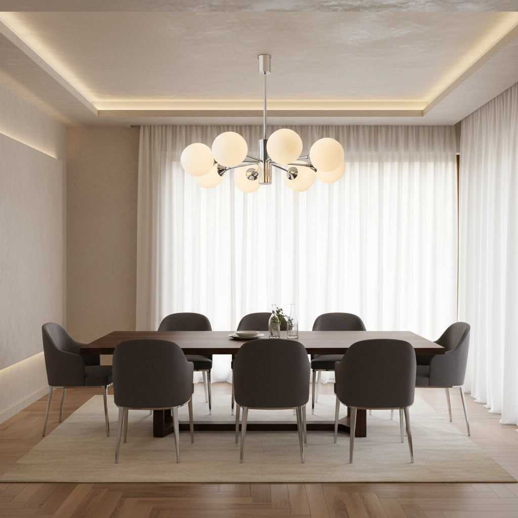 Multi-arm globe chandelier with chrome stem and frosted glass globes