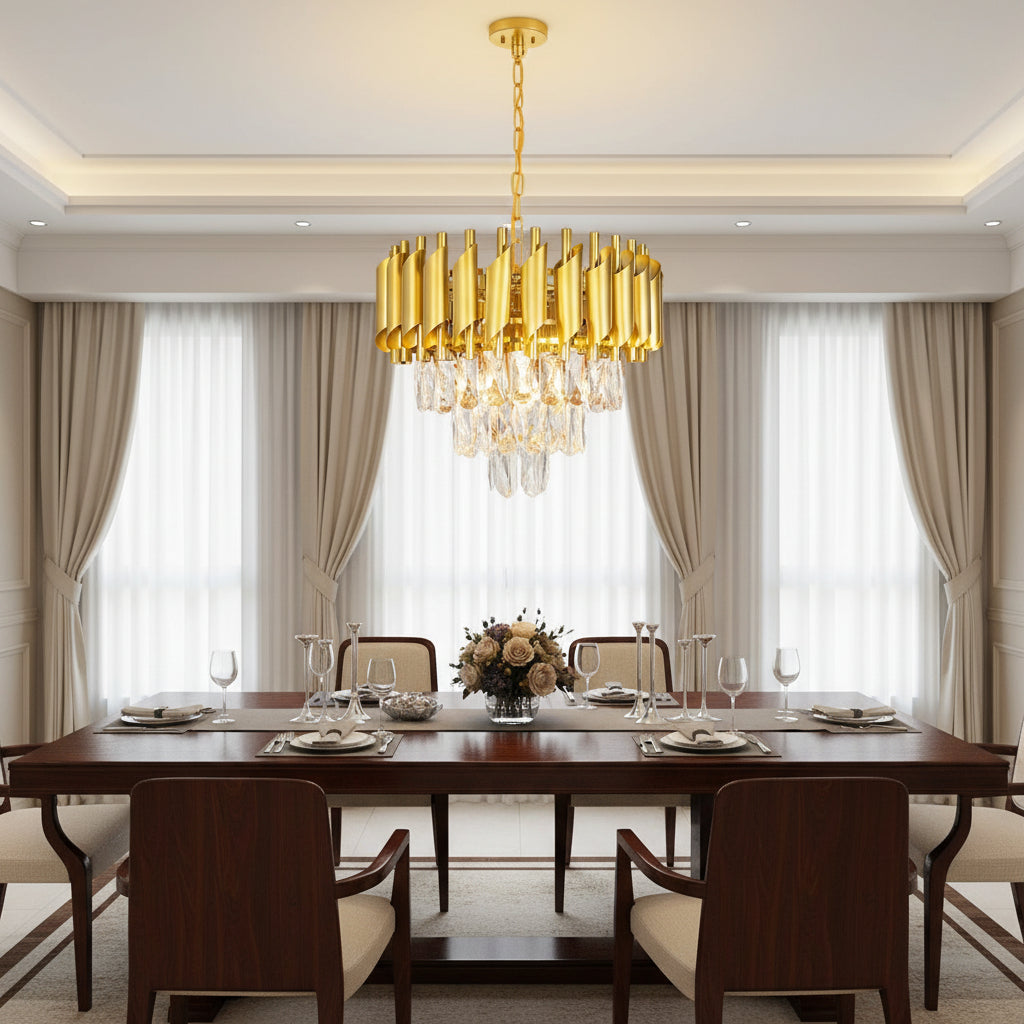 Gold round chandelier with crystal drops and slim cylinder shade accents
