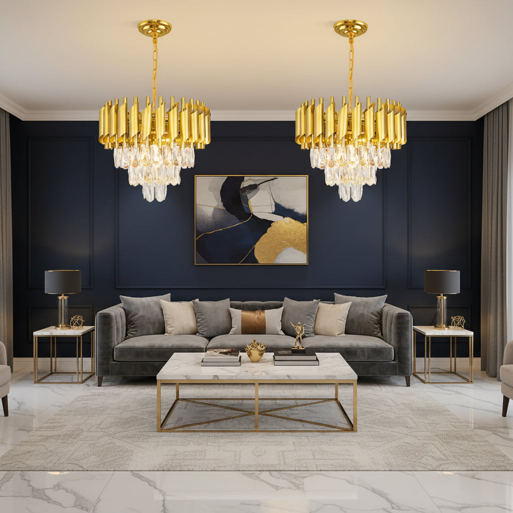 Gold round chandelier with vertical crystal drops and tiered barrel-style shades