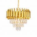 Gold crystal chandelier with drum-shaped metal shades and hanging crystal strands