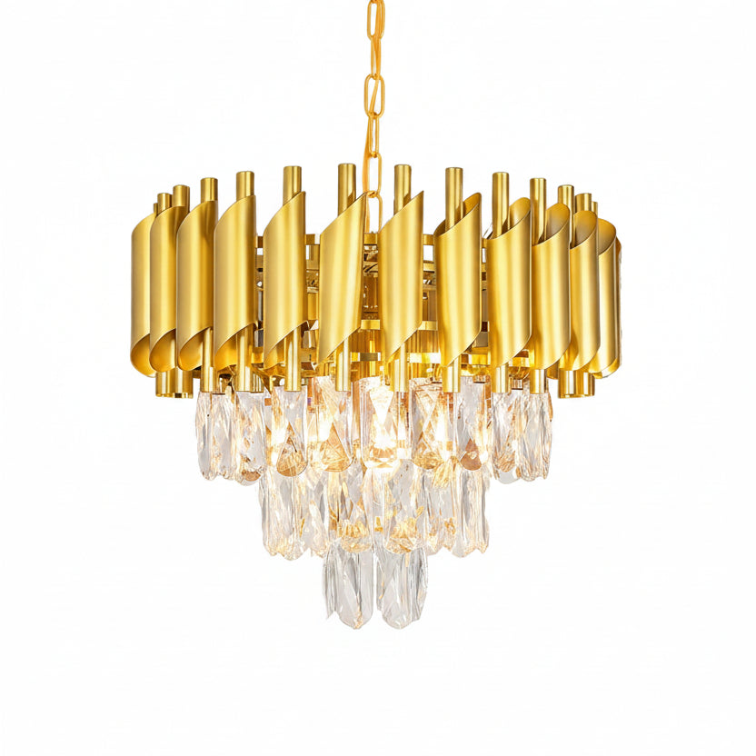Gold crystal chandelier with drum-shaped metal shades and hanging crystal strands