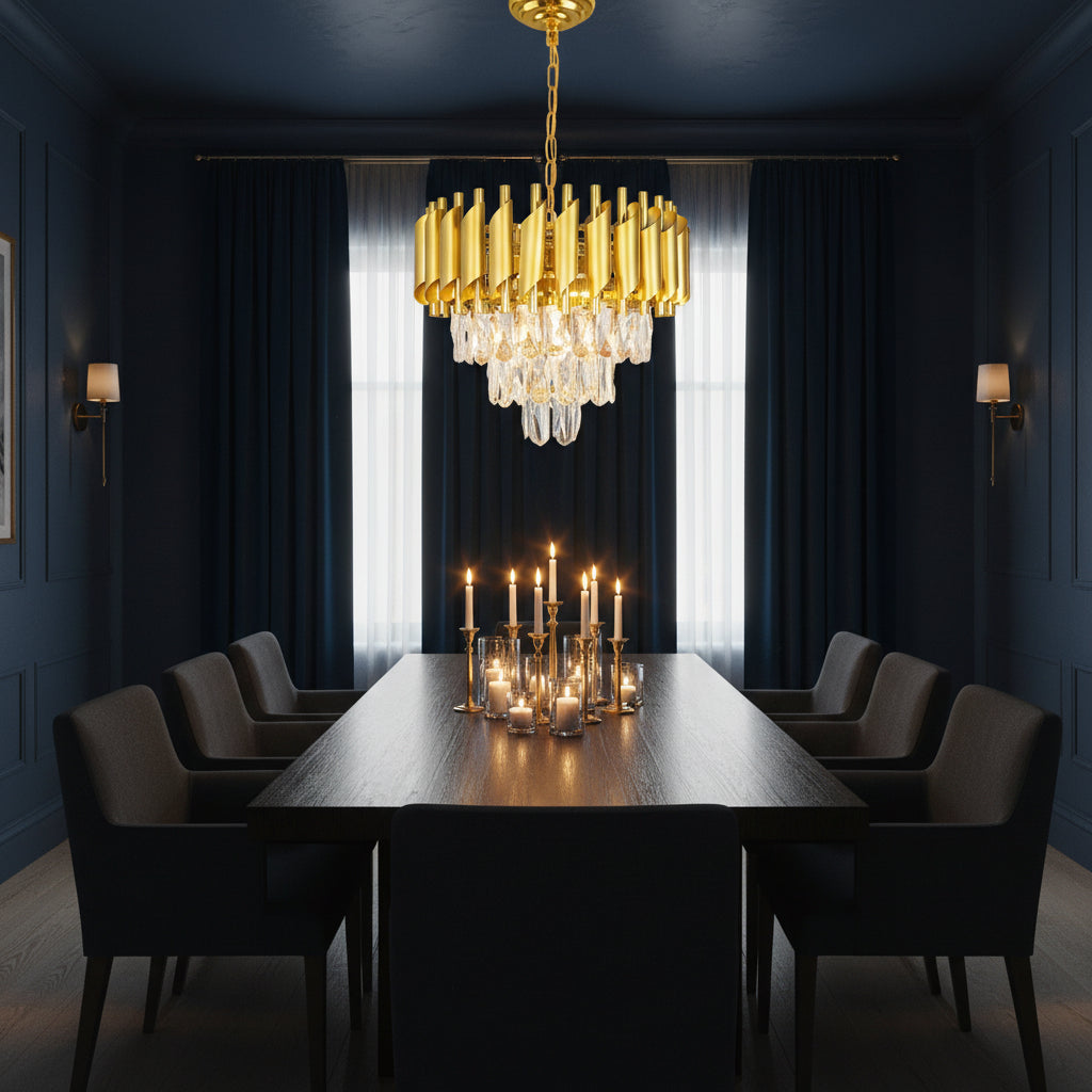 Gold drum-style chandelier with crystal drops hanging over a dining table