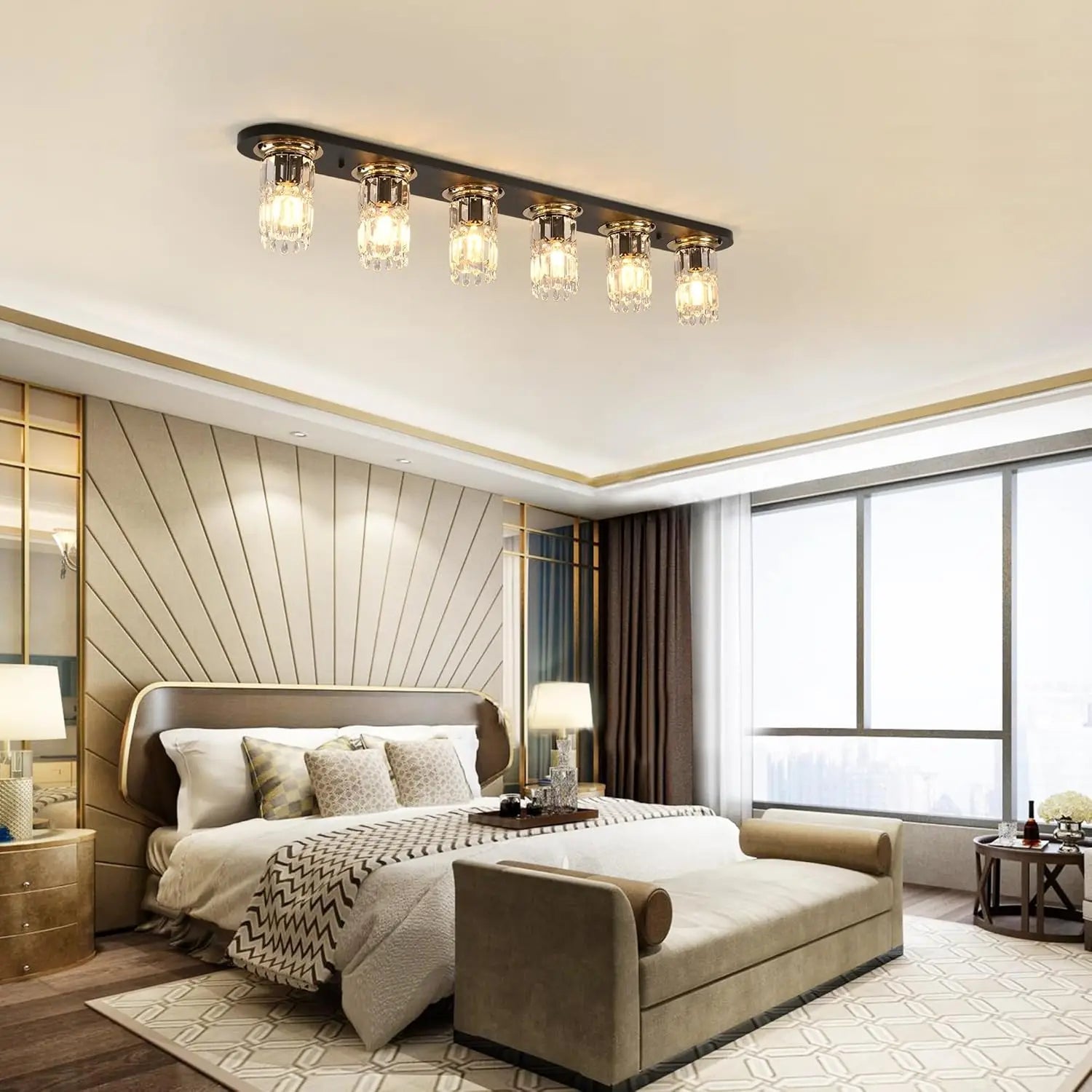 Linear flush mount ceiling light with black bar and clear glass bulb shades