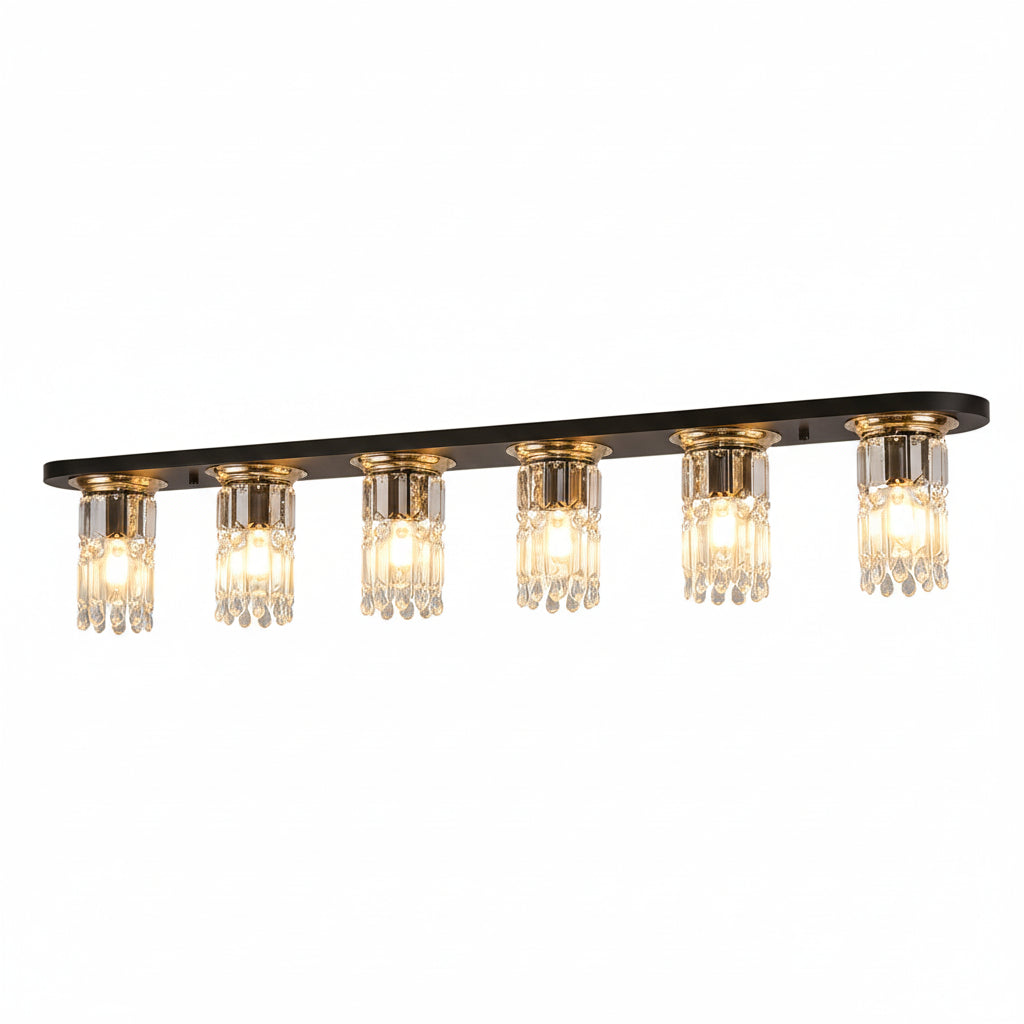 Linear flush mount ceiling light with dark bar and row of clear glass bulb shades