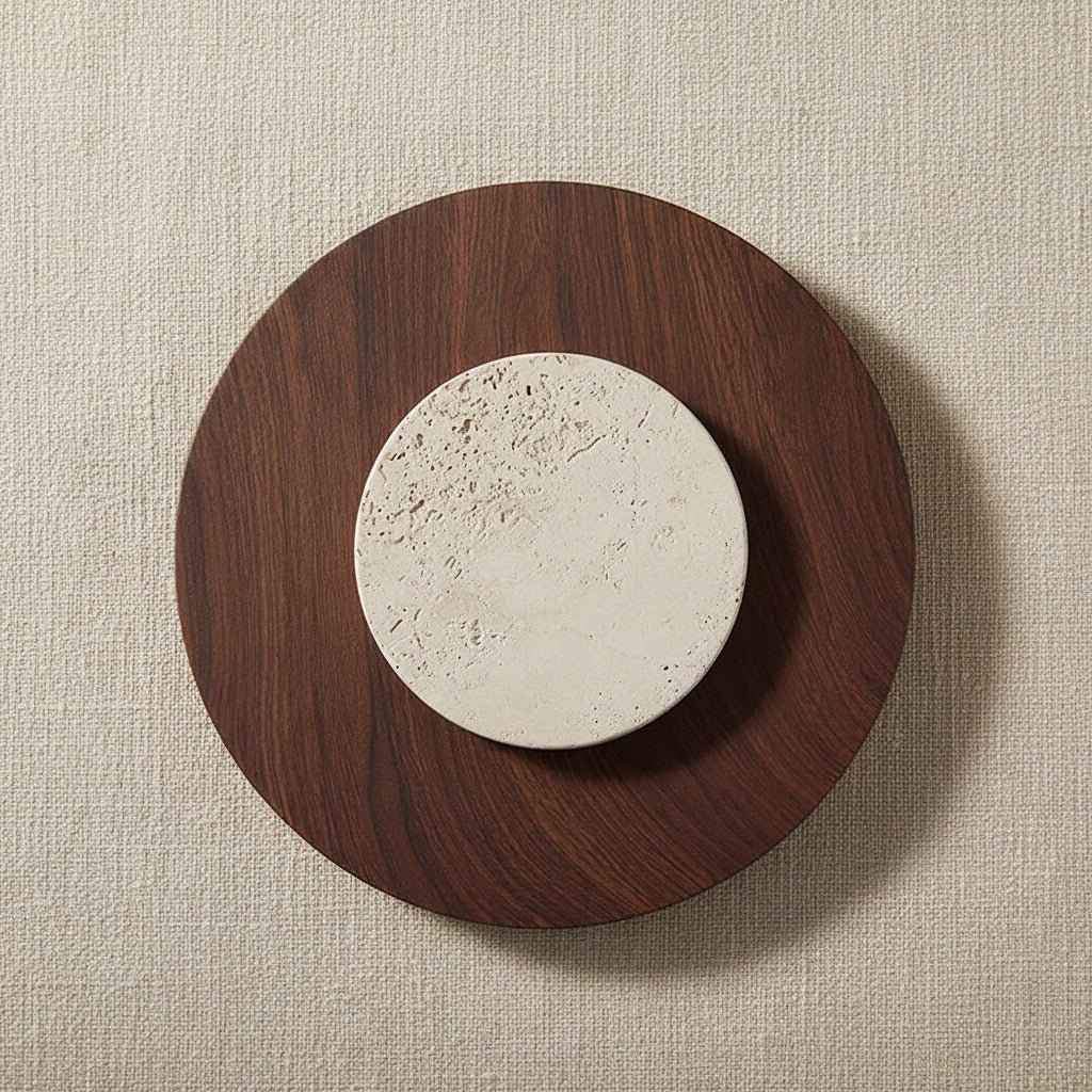 Brown circular sconce with textured travertine center disk and warm backlight
