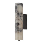 Cylindrical marble wall light with speckled white-gray shade and dark mounting bracket