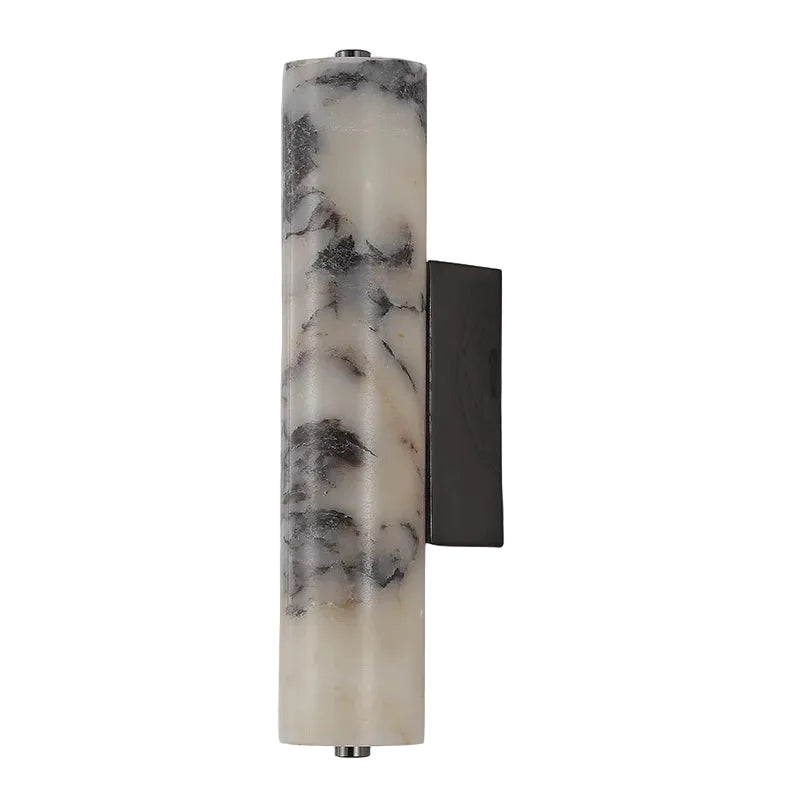 Cylindrical marble wall light with speckled white-gray shade and dark mounting bracket