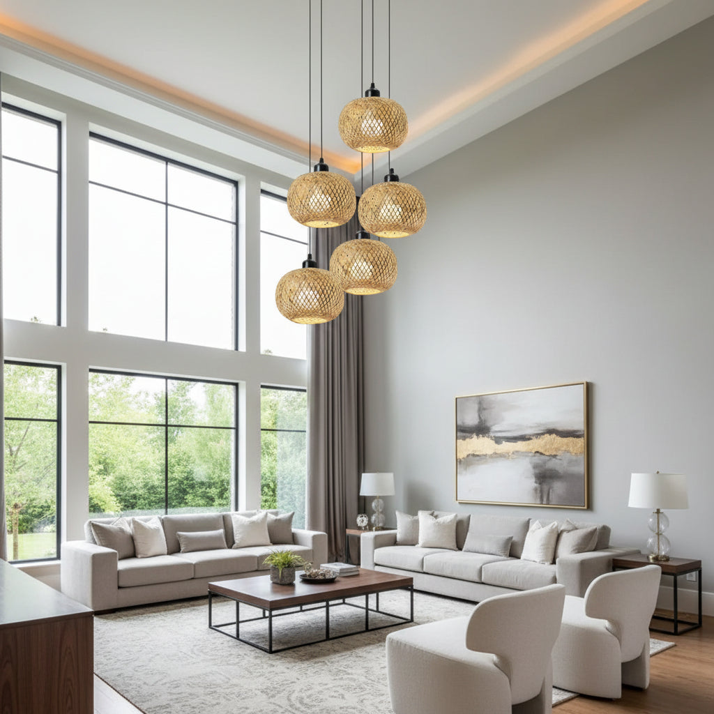Cluster of woven rattan globe pendant lights with black cords
