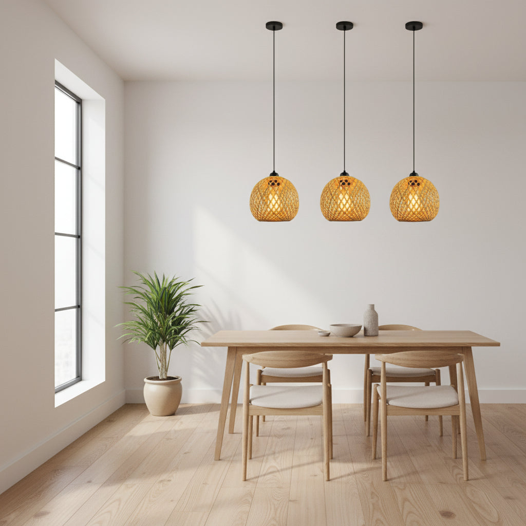 Set of three woven rattan globe pendant lights suspended on black cords