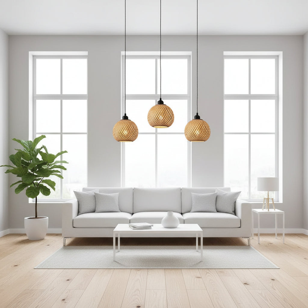 Three woven rattan globe pendant lights hanging on black cords