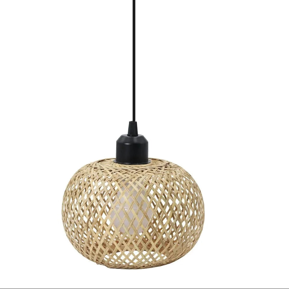 Rattan lattice globe pendant light with black cord and warm beige woven shade