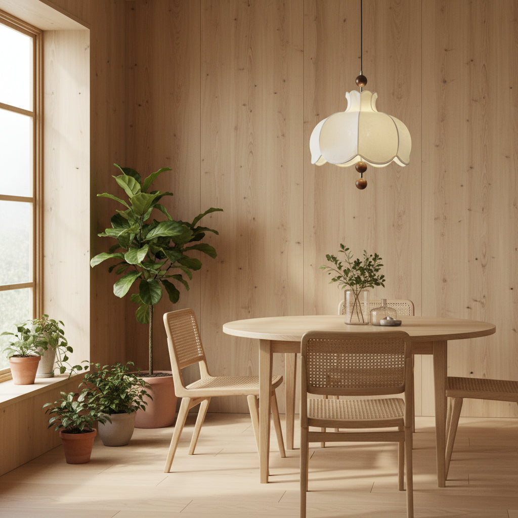 Cream scalloped pendant light with brown wooden ball accents in a bright dining area