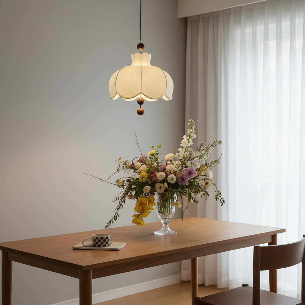 Cream scalloped fabric pendant light with brown wooden ball accents and hanging cord