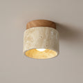 Flush mount ceiling light with light travertine drum shade and light wood top ring