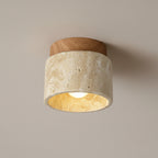 Flush mount ceiling light with light travertine drum shade and light wood top ring