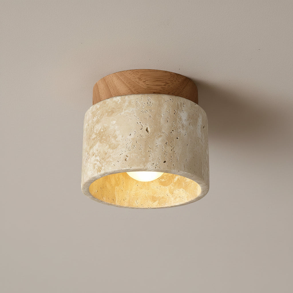 Flush mount ceiling light with light travertine drum shade and light wood top ring