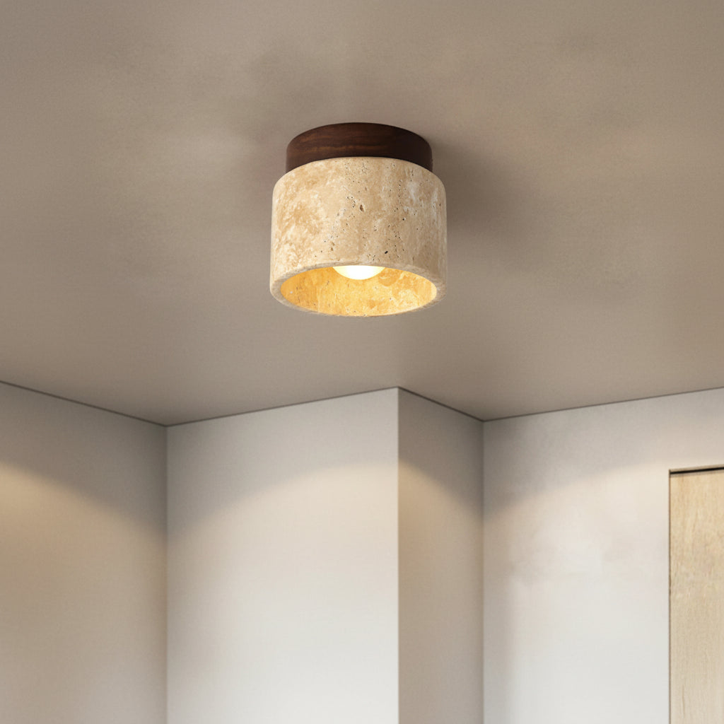 Flush mount ceiling light with travertine drum shade and dark wood top ring