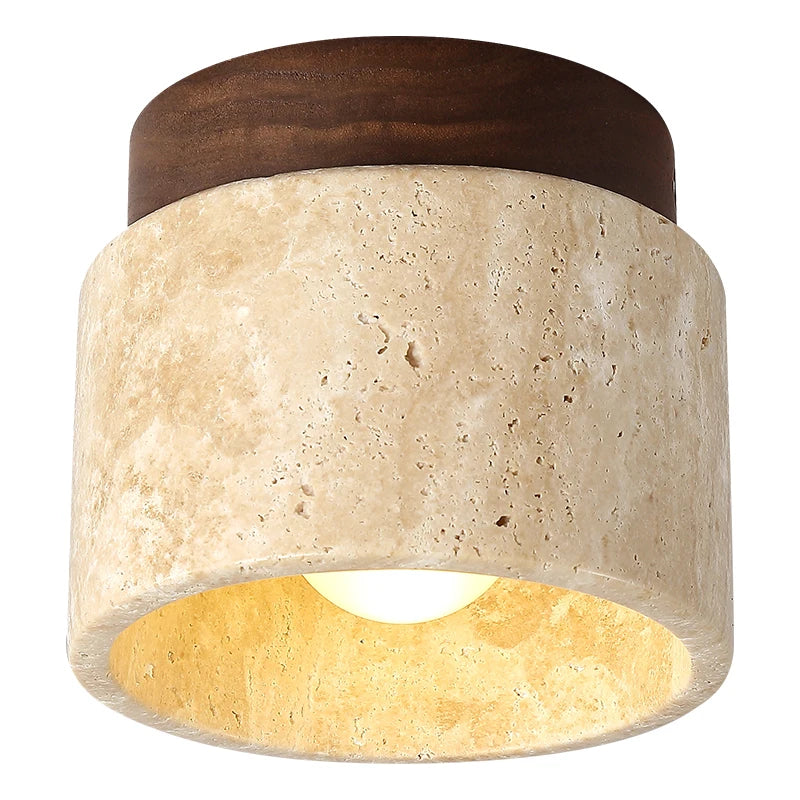 Flush mount ceiling light with cream travertine drum shade and dark walnut wood top ring
