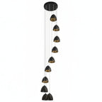 Black cone spiral chandelier with seven hanging conical shades and vertical cords
