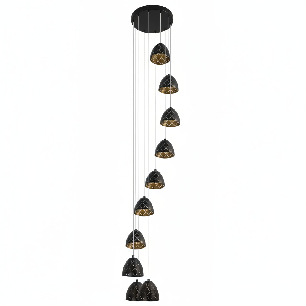 Black cone spiral chandelier with seven hanging conical shades and vertical cords
