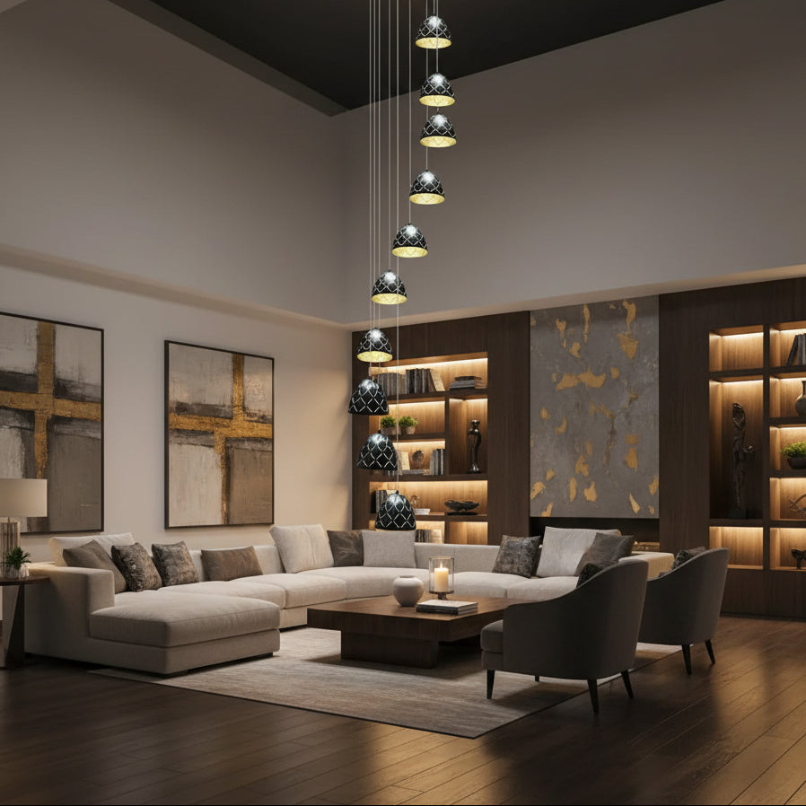 Conical spiral chandelier with black quilted cone shades and gold-trim lights